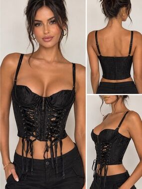 #Y2KBustier VTG Frederick's of Hollywood Black Satin Corset Bustier Top